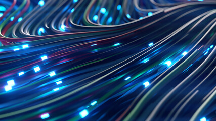 Bundles of abstract optical fiber lines. Bright light signals quickly transmit data for high speed...