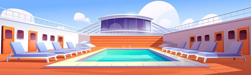 Swimming pool on cruise ship deck. Summer vacation, sea travel and relax. Vector cartoon illustration of luxury passenger liner with empty pool with blue water and beach chairs