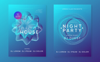 Dj flyer. Wavy discotheque brochure set. Dynamic gradient shape and line. Neon dj flyer. Electro dance music. Electronic sound event. Club fest poster. Techno trance party.