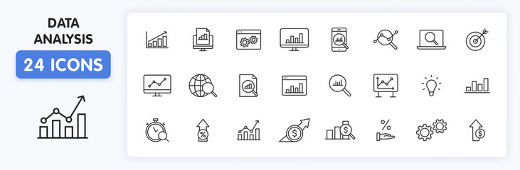 Fototapeta premium Set of 24 Data Analysis web icons in line style. Graphs, Analysis, Big Data, growth, chart, research. Vector illustration.