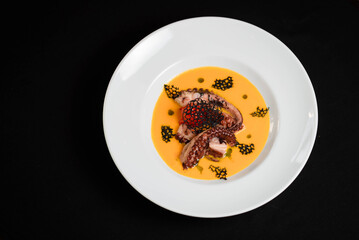 Vegetable soup with seafood and octopus on a black background © alexblackphoto