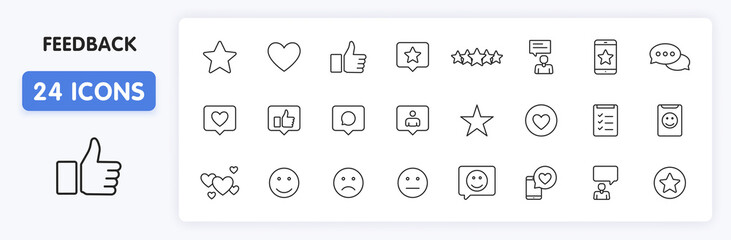 Set of 24 Feedback and Review icons in line style. Star Rating, Emotion symbols. Vector illustration.