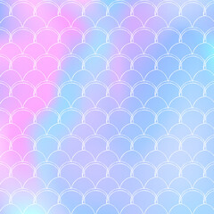 Gradient scale background with holographic mermaid. Bright color transitions. Fish tail banner and invitation. Underwater and sea pattern for girlie party. Colorful backdrop with gradient scale.