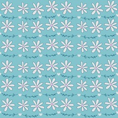 Cute lovely seamless pattern illustration with daisy flowers, hearts and romatic branch on vintage green background	