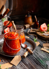 homemade red tomato sauce in glass jar on metal plate on wooden table with basil leaves