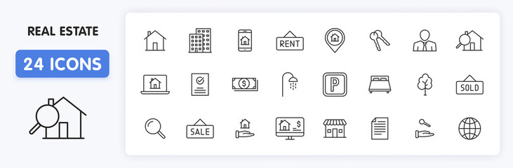 Set of 24 Real Estate web icons in line style. Rent, building, agent, house, auction, realtor. Vector illustration.