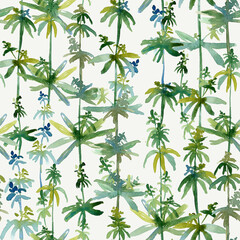 Field plant. Watercolor branches of a field grass. Spring wild flowers, twigs, leaves. Seamless pattern on a white background. Airy, botanical, natural. For printing and design on fabric, paper.