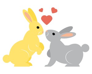 Obraz na płótnie Canvas Two cute vector simple shaped funny rabbits. Easter bunnies with hearts. Kissing and mating symbol. Easy changeable isolated elements for your designs, logo, print, sticker,greeting card.