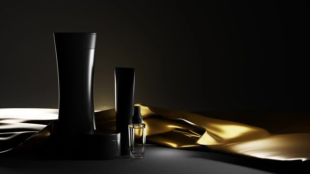 Men's cosmetics collection on dark background. Premium series of black plastic bottles, jars on gold silk fabric, shiny glass spray, perfume, beard oil, tube of cream, shampoo, 3d mock up packaging.