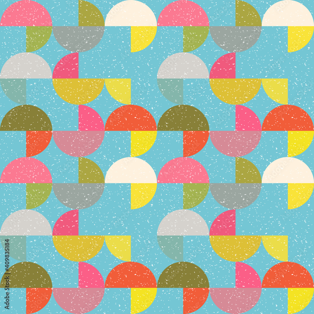 Poster Modern vector abstract seamless geometric pattern with semicircles and circles in retro scandinavian style. Pastel colored colorful shapes with worn out texture .