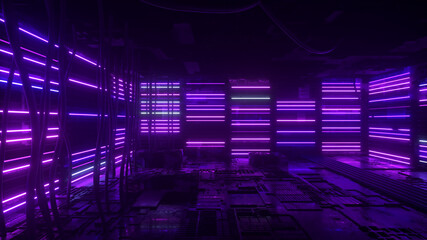 Neon background. Purple and blue neon background appears and disappears. Bright vibrant neon background. Technological space. Room. 3d illustration