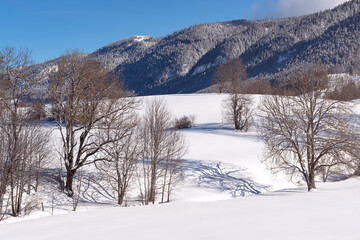 French winter landscapes. Panoramic view of mountain peaks and canyons. Vercors Regional Natural Park.