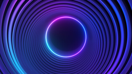 Blue violet neon circle abstract futuristic high tech motion background. 3d illustration