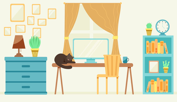 office interior with a computer and a cat.Vector illustration in flat style