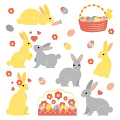 Vector set of simple shaped cute Easter bunnies in different poses. Basket with colored eggs. Flower bed with many eggs. Hearts Easy changeable clip arts for your designs, posters, stickers, prints.