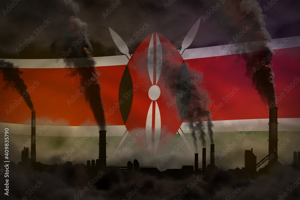 Wall mural Global warming concept - heavy smoke from factory chimneys on Kenya flag background with space for your content - industrial 3D illustration