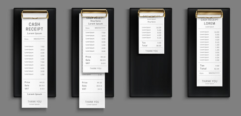 Obraz premium Cash receipt on black clipboard, purchase bill invoice, supermarket shopping retail sum check and total cost store sale payment, payment blank isolated on grey background. Realistic 3d vector set