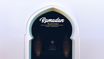 Ramadan Arabic calligraphy with mosque and arch shaped frame. invitation for Muslim holy month Ramadan Kareem.3D vector.realistic illustration.