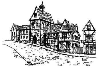 Vector sketch of half-timbered houses. Medieval european architecture. Hand drawn vector illustration. - 409835934