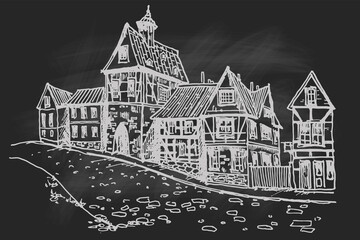 Vector sketch of half-timbered houses. Medieval european architecture. Hand drawn vector illustration.
