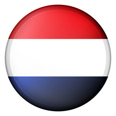 Glass light ball with flag of Netherlands. Round sphere, template icon. Dutch national symbol. Glossy realistic ball, 3D abstract vector illustration highlighted on a white background. Big bubble