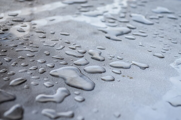 Close up view of water rain drops on a metal surface