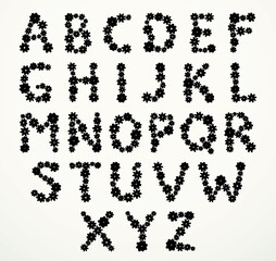 Vector alphabet of cheerful caricature hand-drawn characters consisting of spinning gears