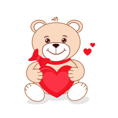 Happy and in love Teddy bear with red hearts. Happy valentines day. Vector greeting card template.
