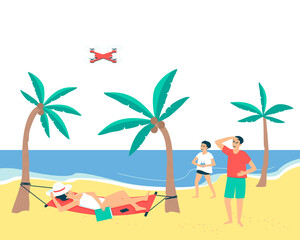 Family resting on the beach near the sea. Dad and son are launching a quadcopter. Mom is lying on a hammock with a book. Family summer vacation. Flat vector illustration.
