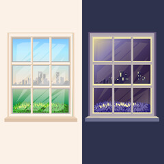 Window at day and night. Outside the window you can see the plants and the city day and night. Set vector illustration.