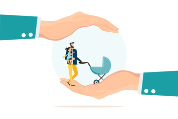 Family safety, life insurance or protection concept, lovely family father with daughter and stroller in palm with other hand covering the top for shelter and protection.