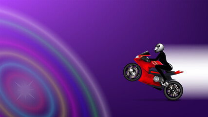 Abstract purple poster. Sexy girl in a black latex suit and helmet on a red sports motorcycle. Muddy colored circles. Clipping mask. EPS10
