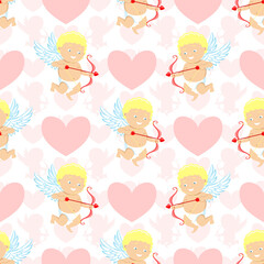 Seamless pattern with cupids and pink love hearts on white background.