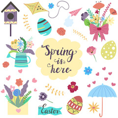 Spring is here text with colorful flowers and eggs