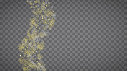 Isolated snowflakes on horizontal transparent grey background. Gold glitter snow. Winter sales, Christmas and New Year design for party invitation, banner, sale. Magic crystal isolated snowflakes.