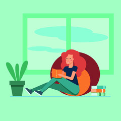 A red-haired young girl with a book in her hands. The concept of homeschooling and the love of books. Flat cartoon vector illustration.