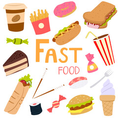 Fast food dishes hand drawn set.