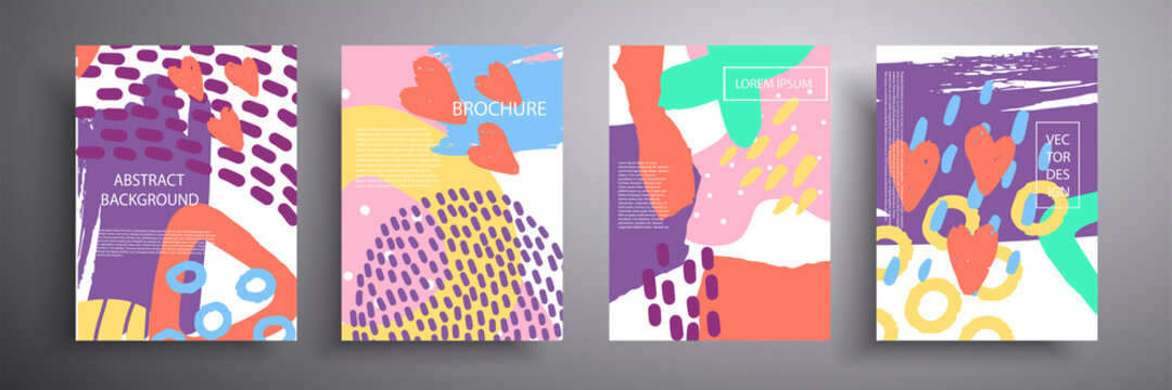 Set of vector covers of four minimalistic hand drawn illustrations of abstract shapes of colored patterns. Template for brochures, covers, notebooks, banners, magazines and flyers.