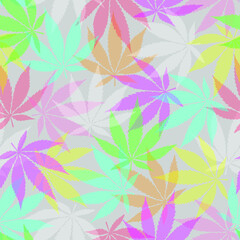 Fototapeta na wymiar bright seamless pattern with hemp leaves, colorful herbal background