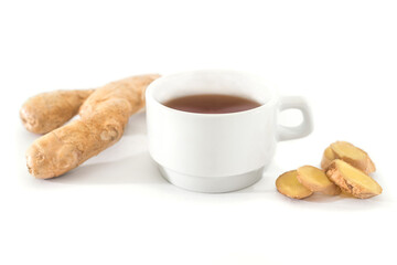 Fresh ginger root, cup of tea isolated on white background