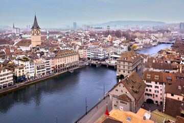 Fototapeta na wymiar aerial view of Zurich skyline and the Limmat river, Switzerland