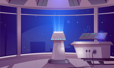 Spaceship control center, captain cabin interior with datacenter hud panel and large windows cosmos view. Futuristic alien orlop, cockpit in spacecraft, interstellar rocket Cartoon vector illustration © klyaksun