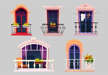 Vintage balconies with glass doors, windows, flowers in pots and fences. Vector cartoon set of balconies with metal railing and white balustrade, chair and plants on terrace. House facade elements