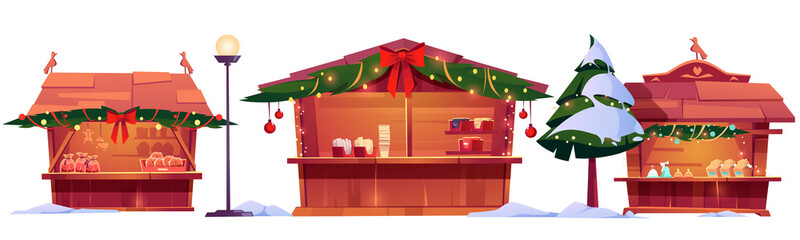 Christmas market stalls, street fair wooden booths decorated with fir-tree branches, bows and lighting garlands. Winter kiosks with traditional sweets and gifts for sale, Cartoon vector illustration