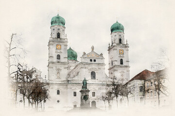 St. Stephen's Cathedral in Passau, Bavaria, Germany. The baroque church with its Bavarian onion domes is a landmark in the city of Passau. Watercolor Illustration.
