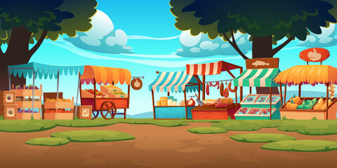 Fototapeta Food market stalls with fruits, vegetables, cheese, meat and fish on counter and in crates. Vector cartoon landscape with traditional marketplace tents with farm produce, wooden kiosks with canopy obraz