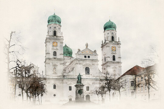 St. Stephen's Cathedral in Passau, Bavaria, Germany. The baroque church with its Bavarian onion domes is a landmark in the city of Passau. Watercolor Illustration.