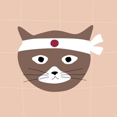 Cute samurai cat with a bandage on his head. Cartoon cat with Japanese flag. Doodle illustration vector.