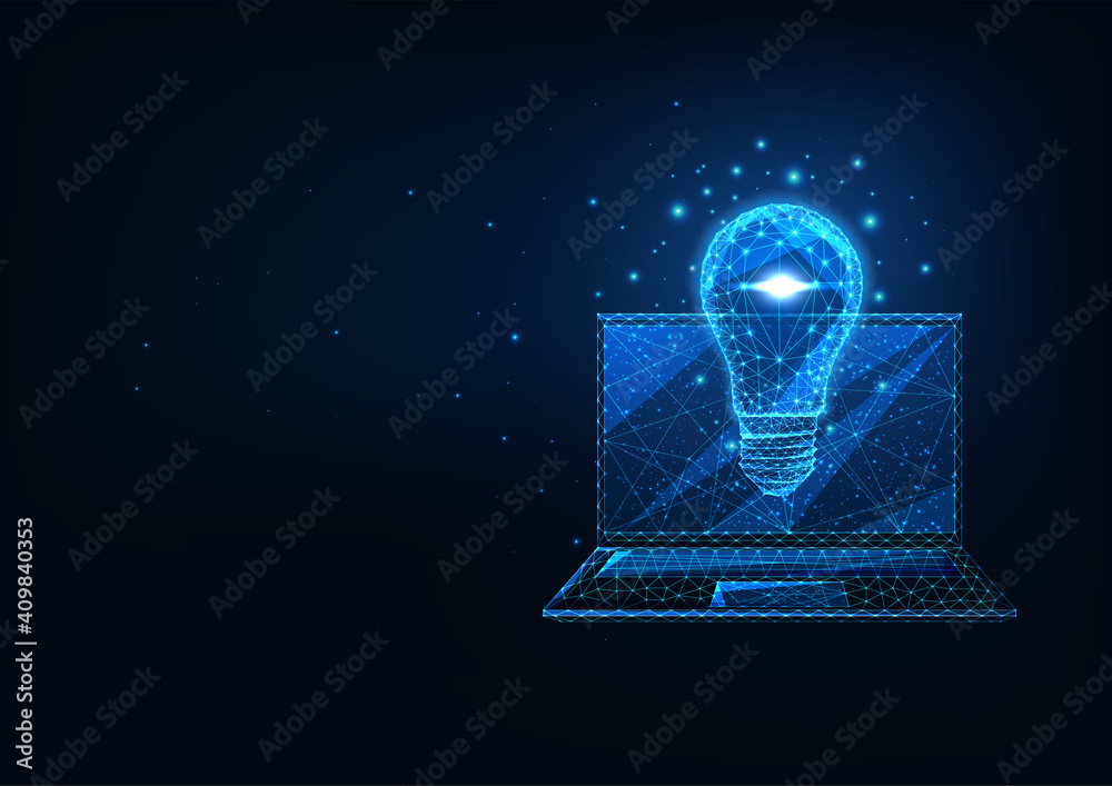 Sticker futuristic creative business idea concept with glowing low polygonal laptop and light bulb