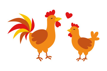 Vector cock and hen on white background